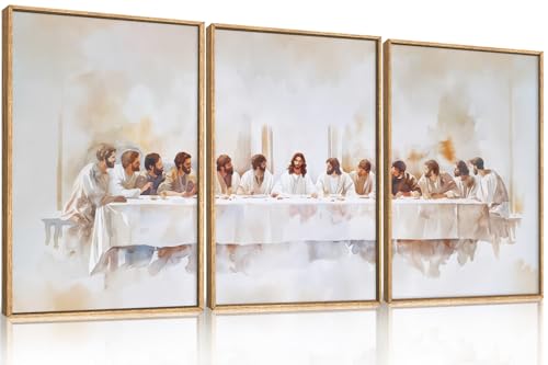 Image of KAIRNE Jesus Last Supper Framed Canvas Wall Art Set, Christian Twelve Apostle Wall Decor, Bible Renaissance wall Painting, Religious Picture Art Print for Living Room, Bedroom, Church-16 x24 x3