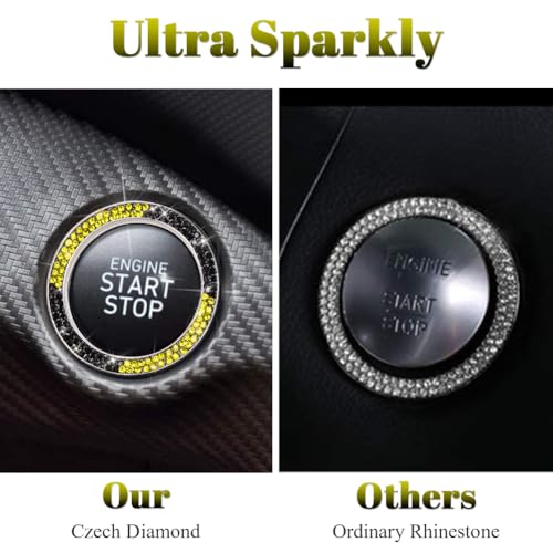 Image of ToBeQueen Bling Black Yellow Push Start Button Cover Emblem Sticker, Crystal Diamond Rhinestone Engine Start Ring Car Decor, Yellow and Black Car Accessories for Women