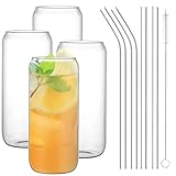 Luxfuel Beer Can Glasses with Glass Straw 4pcs Set, 20oz Can Shaped Glass Cups Drinking Glasses,...
