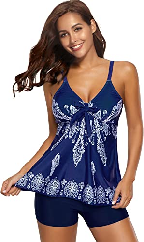 Women's 2 Piece Tankini Set Swimsuits Modest Tummy Control Slimming Bathing Suit with Boyshort Swimwear