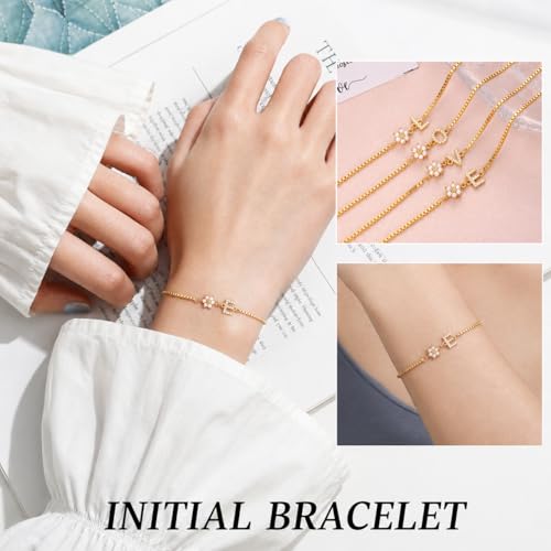 Image of Flower Girl Basket Gift, Flower Girl Proposal Pearl Flowers Initial Bracelet for Teen Bridesmaid Gifts for Wedding Day Adjustable Dainty 14k Gold Plated Letter Bracelet Bridesmaid Bracelets Jewelry