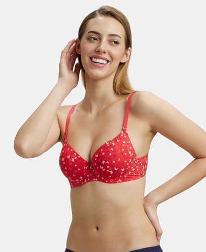 Image of Jockey UL50 Women's Under-Wired Padded Super Combed Cotton Elastane Stretch Medium Coverage Printed T-Shirt Bra with Detachable Straps (Prints May Vary)