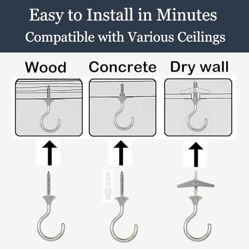 Image of Heavy Duty Ceiling Hooks for Hanging Plants 8 Pack (Silver) | Polished chrome look; holds 30 lbs on wood & concrete, 20 lbs on drywall; 2.4 inch swag hook for lights, pots & tools
