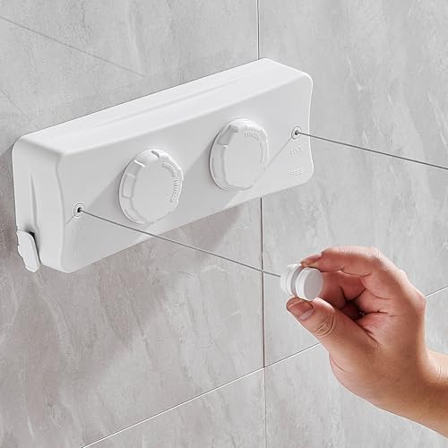 HONPHIER Corde à Linge Rétractable 2 x 5.1M Acier Inoxydable Fil a Linge Mural Retractable Ligne à Linge Résistante pour Intérieur, Hôtel, Balcon, Salle...