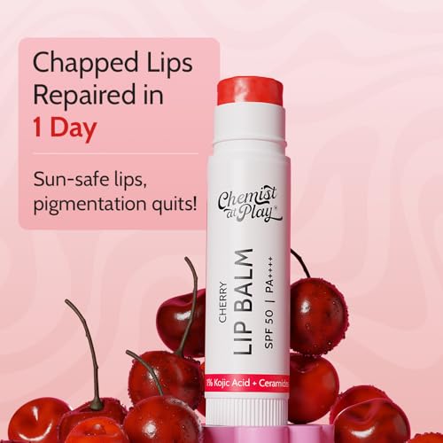 Image of Chemist At Play Tinted Cherry Lip Balm with SPF 50 PA++++ | 1% Kojic Acid | Lip-balm for Dark and Dry Lips | Moisturising Lip Balm for Chapped Lip | Brightens Dark Lips | For Men & Women | 4.5 g