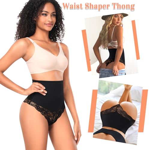 Image of Womens Thong Shapewear Mid to High Waisted Shaper Thong WN0017(08#H Black#lace slight shape,Large)