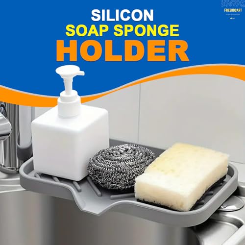 Image of FreshDcart Silicone Soap Holder for Kitchen & Bathroom, Quick-Drying Non-Slip Soap Dish, Sponge Organizer for Sink & Countertop, Durable, Easy to Clean (Grey, Pack of 1)