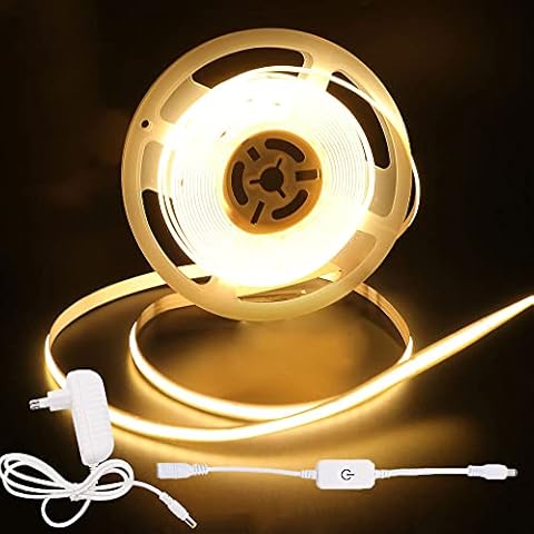 Wisada Dimmbar COB LED Streifen 2m, DC12V 320 LEDs/m Flexibler LED Lichtband, Innenbereich Nicht Wasserdichte Warmweiss COB LED Band Lichterketten mit Berühren Dimmer & Netzteil Cover