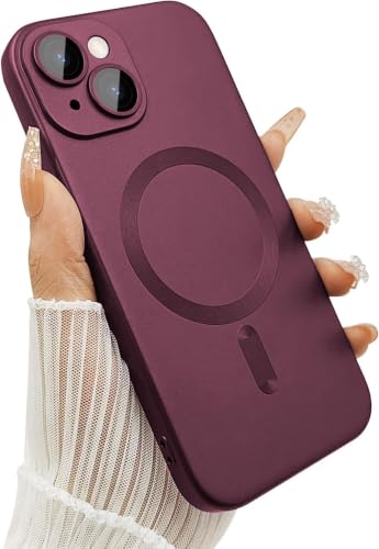 Image of DIZORO Magnetic Case for iPhone 15 Compatible with MagSafe Built-in Camera Lens Protector Slim Soft Silicone Bumper Shockproof Metallic Luster Back Cover Phone Case Wine Red