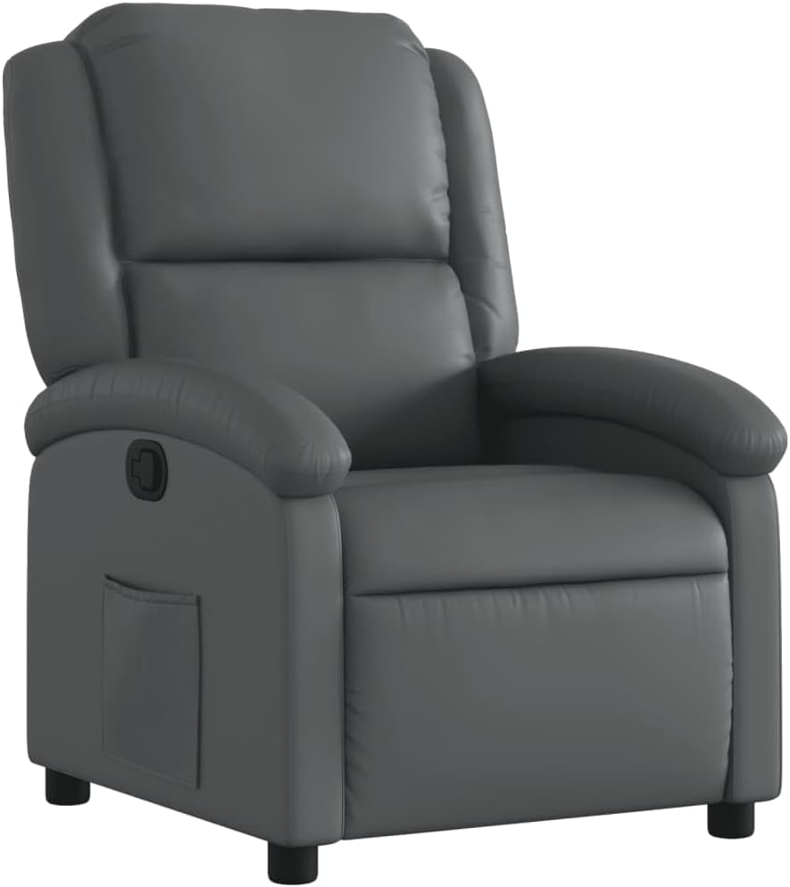 vidaXL Gray Faux Leather Manual Recliner Chair - Wingback Reclining Armchair for Elderly with Side Pocket and Padded Support