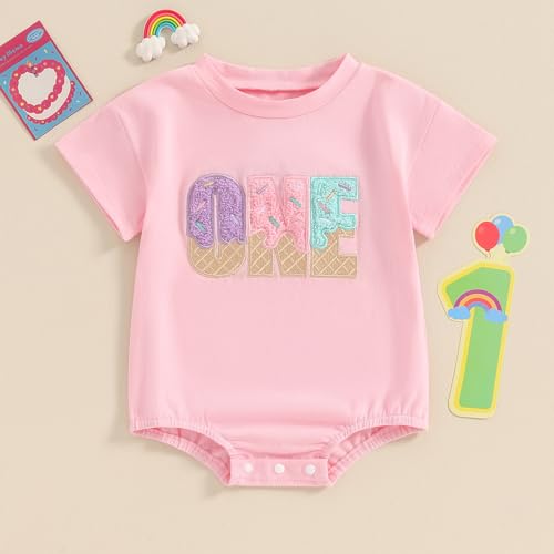 GOOCHEER Infant Baby Girl Birthday Outfit Ice Cream One Embroidery Romper T-Shirt Short Sleeve Bodysuit Summer Clothes (Pink, 12-18 Months)2