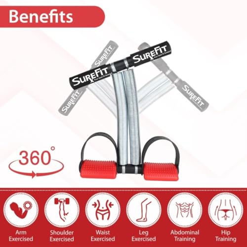 Image of SUREFIT Tummy Trimmer Double Spring With Comfertable Foam Grip Handle & Ab Roller Wheel Combo for Men & Women | Home Workout Fitness Kit for Abs, Arms & Core Training (RED)