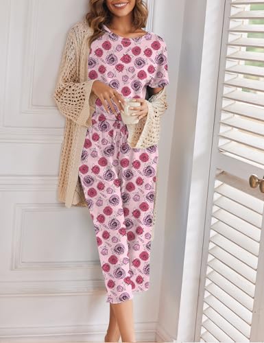 Image of Ekouaer Women's Capri Pajama Sets Print Short Sleeve Sleepwear Top and Capri Pants Soft Loungewear with Pocket