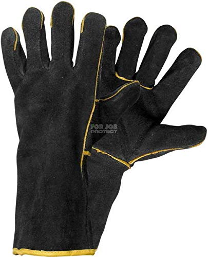 Guanti da saldatura neri lunghi in pelle, resistenti al calore, foderati per stufe a legna, forno a legna