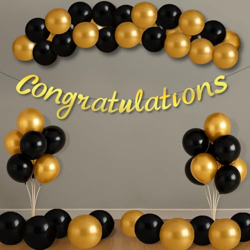 Image of Party Propz Congratulations Decoration Items - Set of 42 Pcs Congratulations Banner For Decoration | Black and Golden Balloons | Graduation Decoration | Happy Retirement Decoration (Latex, Cardstock)