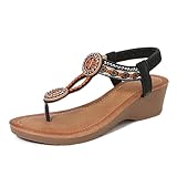 Women's Bohemian Wedge Sandals Summer Comfortable Flip Flops Beach Thong Sandals Fashion Open Toe Dressy Elastic (Black, 8.5)