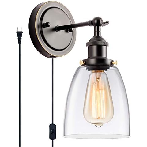 GLADFRESIT Industrial Wall Sconce Plug in Black, Adjustable Head Modern Ceiling Light Fixture Clear Glass Shade Wall Lamp 2 in 1 Design On/Off Switch Cord Indoor Living Room(Bulb Not Included) Cover