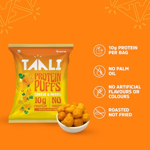 Image of Taali Jowar & Protein Puffs | 60 gm (Pack of 12) | Cheese & Herbs | Healthy Roasted Tasty Snacks, Ready to eat | 100% Veg., Gluten free products, No Cholesterol, No Trans-Fat