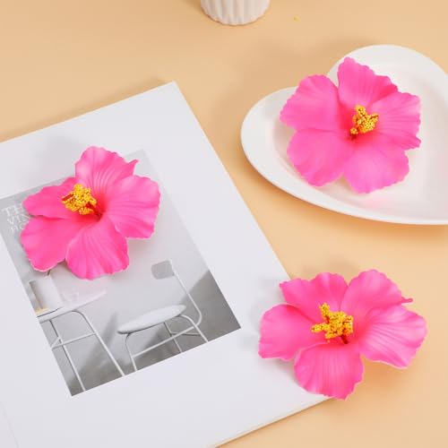 Image of Housoutil Artificial Hibiscus Flowers, 10 Pcs Foam Fake Hawaiian Flower Centerpieces, Faux Tropical Luau for Party Decorations, DIY Summer Hair Clip Accessories, Table Decor (Pink)