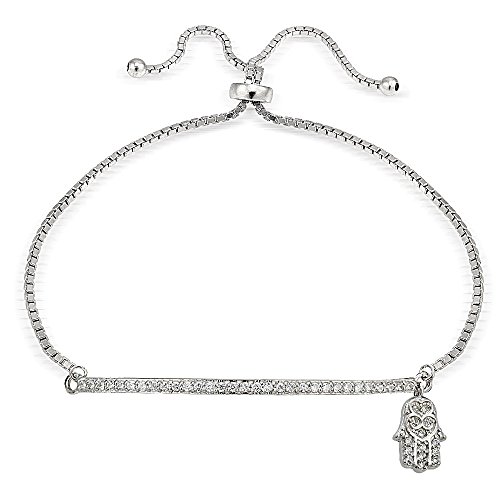 Image of Hoops & Loops Sterling Silver Cubic Zirconia Hamsa & Bar Adjustable Pull String Bracelet