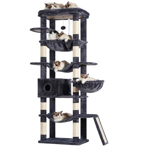 Hey-brother Cat Tree, 69.3-Inches Multi-Level Plush Cat Tower for Indoor Cats with Large Top Perch, Extra Spacious Hammock, 2 Hammocks Ramp, Hanging Ball, Smoky Gray MPJ037G