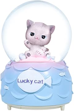 Lucky Cat Musical Snow Globe for Kids, 80MM Animal Resin/Glass Snow Globe with Color Changed Lights for Home Decor & Shelf Decorations A#