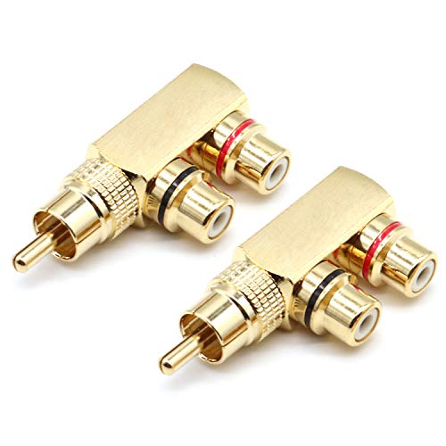 RCA Splitter Adapter,Right Angle RCA Male to 2 RCA Female AV Splitter Adapter Gold Plated Connector(2Pack)-Lageter