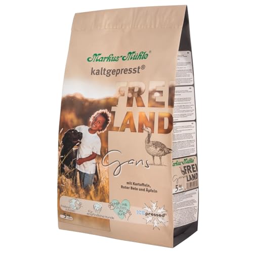Markus-Mühle Freiland - FREILANDzutaten - Für empfindliche Hunde - 100% kaltgepresst - Premium Hundetrockenfutter (5kg, Gans)