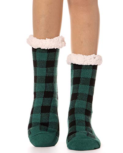Womens Slipper Socks Plush Fuzzy Cabin Fleece Fluffy Cozy Stocking Stuffers with Gripper Winter Non Skid Huggle Socks(Plaid (Green))