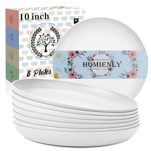 Homienly Deep Dinner Plates, Wheat Straw Plates 10 inch Set of 8, Unbreakable Plates for Kitchen, Kids, Lightweight Microwave and Dishwasher Safe Camping Plate Set for Salad, Dinner, Fruit - White