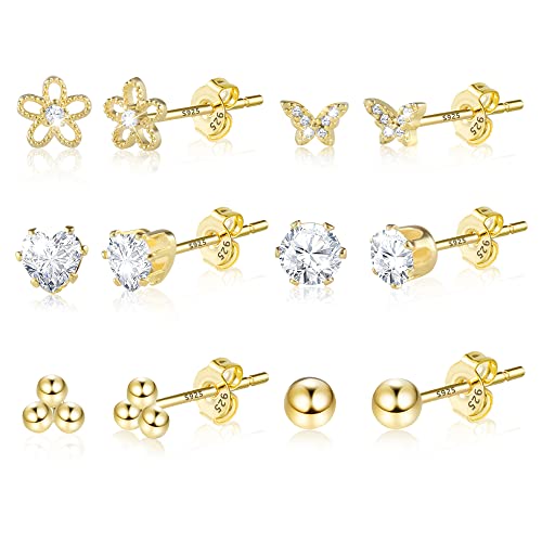 KISSPAT 6 Pairs Small Gold Stud Earrings Set for Women Hypoallergenic Sterling Silver post Tiny Stud Earrings Multiple Pack