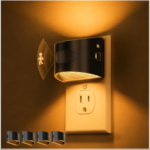 Image of L LOHAS LED Night Light with Motion Sensor & Dusk to Dawn Sensor, Night Lights Plug into Wall with 30-100lm Adjustable Brightness, Dimmable Night Light for Bathroom Hallway, 1600K Amber, 4 Pack