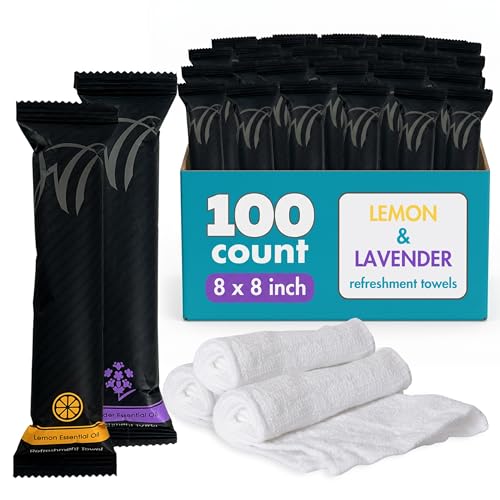 White Towel Services 8" x 8" inch Moist Cotton Towel Individually Wrapped - Lemon and Lavender (Case of 100) - Single-Use Oshibori Style Cotton Hospitality Towels