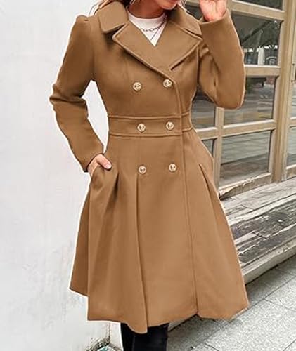 Image of Sexyshine Women's Double Breasted Trench Coat Notch Lapel A-Line Slim Flared Pleated Wool Blend Pea Coat with Pockets