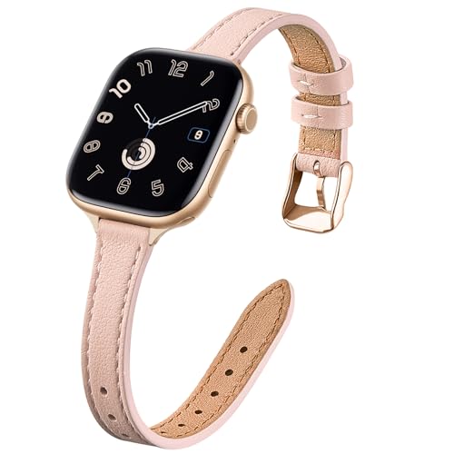 Image of STIROLL Slim Leather Bands Compatible with Apple Watch Band 49mm 46mm 45mm 44mm 42mm(Series 3 2 1), Top Grain Leather Watch Thin Wristband for iWatch Ultra SE Series 11 10 9 8 7 6 5 4(Pale pink Gold)