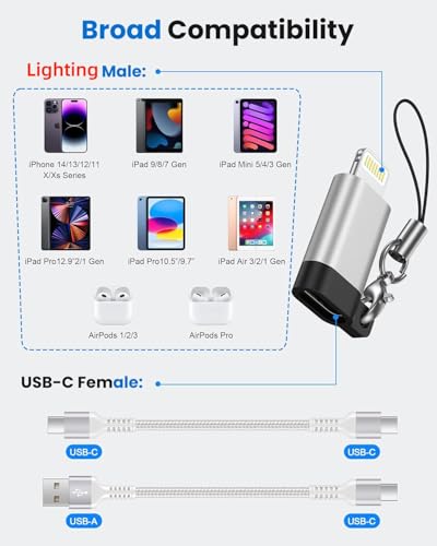 Image of Verilux 2Pcs PD 27W Type C to Lighting Connector with Anti-Lost Loop, USB C Female to Lighting Male Adapter with 480Mbps Data Transfer, Type C Connector for iPhone /iPad /Airpods, Not for Audio /OTG