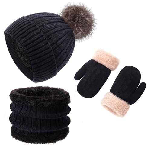 Image of Kids Winter Beanie Hat Gloves Scarf Set 1-10 Years Old Girls Boys Mittens Knit Neck Warmer Warm Fleece lining