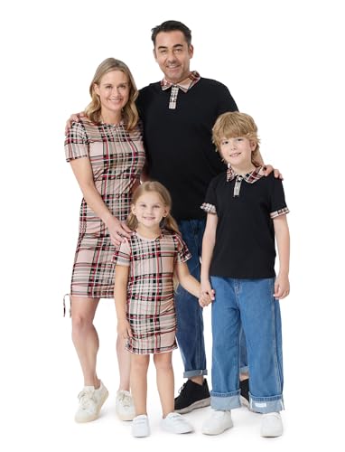 PATPAT Family Matching Outfits Mommy and Me Dresses Set Short Sleeve Round Neck Buffalo Plaid Ruched Bodycon T-Shirt Midi Dress Mother Daughter Matching Dresses Khaki Plaid Toddler Girl 4-5 Years
