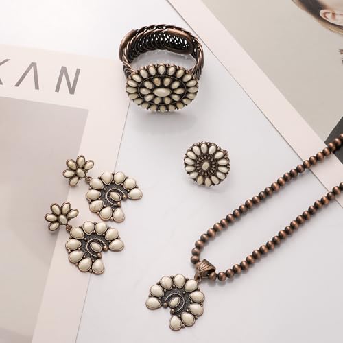 4 PCS Western Turquoise Jewelry for Women Boho Vintage Navajo Pearl Necklace Earring Bracelet Ring Set Country Cowgirl Accessories for Gift3