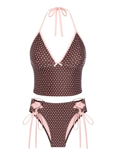 seamoly Women's Tankinis Polka Dot Print Bowknot Decor Halter Lace