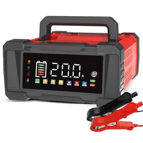 Cargador de batería de 20 amperios, 12 V/24 V, cargador inteligente de goteo para coche, cargador de batería y cargador de batería de coche, resistente con compensación de temperatura para automóvil