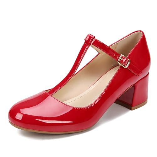 Mary Jane Shoes Women Chunky Low Heels Closed Round Toe T-Strap Work Pumps Ankle Strap Comfortable Dress Wedding Shoes
