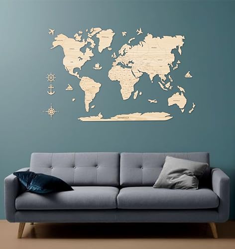 Image of AD INFINITUM 3D Wooden Map of World | Home Decor | Office Decor | A great gift for travelers | Wall decor Country names with Borders (Beige Maple, 3x2 Feet, WORLD MAP)