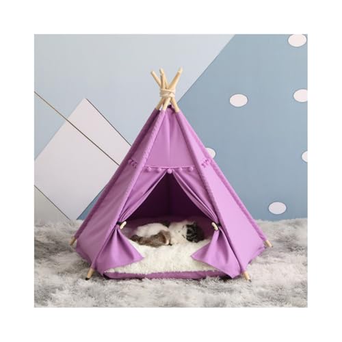 ペット テント 夏用 ペットハウス ペットベッド 犬小屋 猫小屋 暑さ対策 かわいい マットレス付き 洗濯可能 松の木 ズック素材 (50*50*60 CMマット付き,パープル)