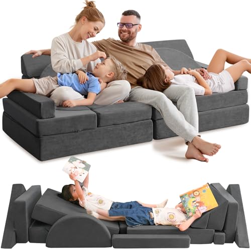 16PCS Modular Kids Couch - 63 Imaginative Convertible Sofa for Playroom/Nursery (Grey)