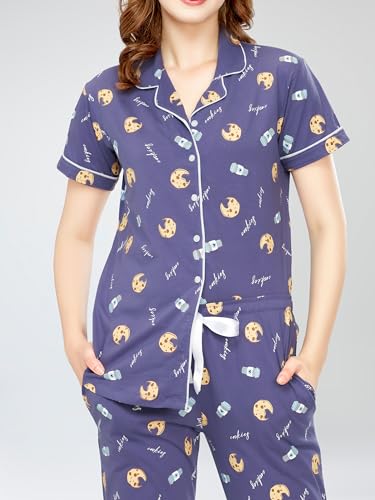 Image of ZEYO Night Suit for Women's Cookies & Cup Printed Cotton Night Dress of Shirt and Pajama Set 5752
