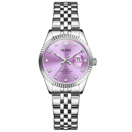 OLEVS Silver Watches for Women Small Face Purple Dial Stainless Steel Women's Watch Classic Luxury Diamond Analog Quartz Womens Watch Easy to Read Waterproof Luminous with Date Ladies Watches