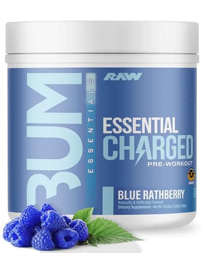 RAW Pre-Workout Powder, Essential CHARGED (Blue Rathberry) - Preworkout Supplement for Men & Women - Supports Focus, Mood, & Performance - Caffeine, Alpha-GPC, L-Citrulline, Beta Alanine (25 Servings)