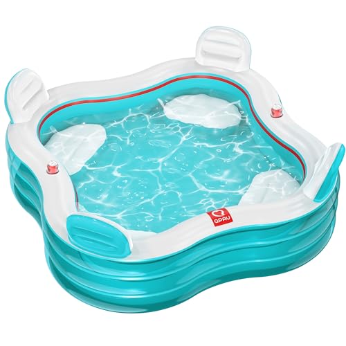 QPAU Piscina inflable, piscina inflable de tamaño completo con asientos y respaldos, piscina infantil para exteriores y patio trasero, para diversión familiar de verano, color cian
