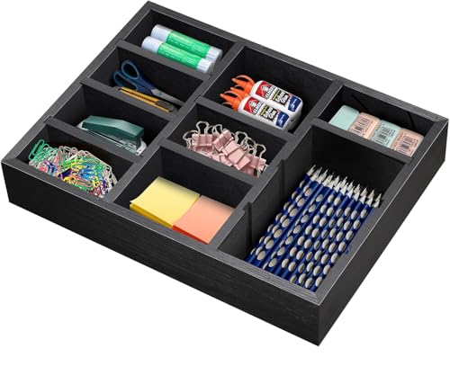 TEESSFROOD Desk Drawer Organizer Tray with 9 Adjustable Compartments, Wooden Office Desk Accessories Supplies Organization Storage for Desktop Bathroom Vanity Makeup Black